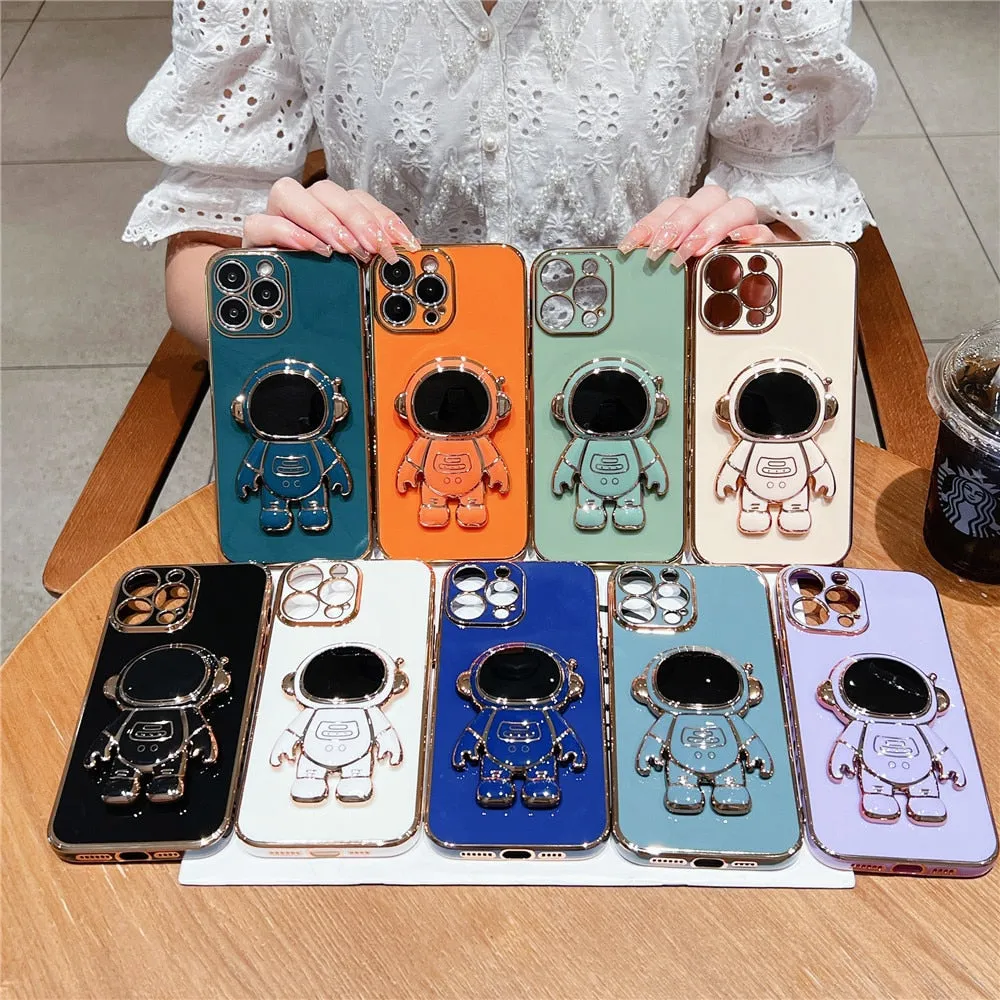 Anymob iPhone Case Blue Plating Astronaut Stand Holder Lens Protection Heart Pattern Cover