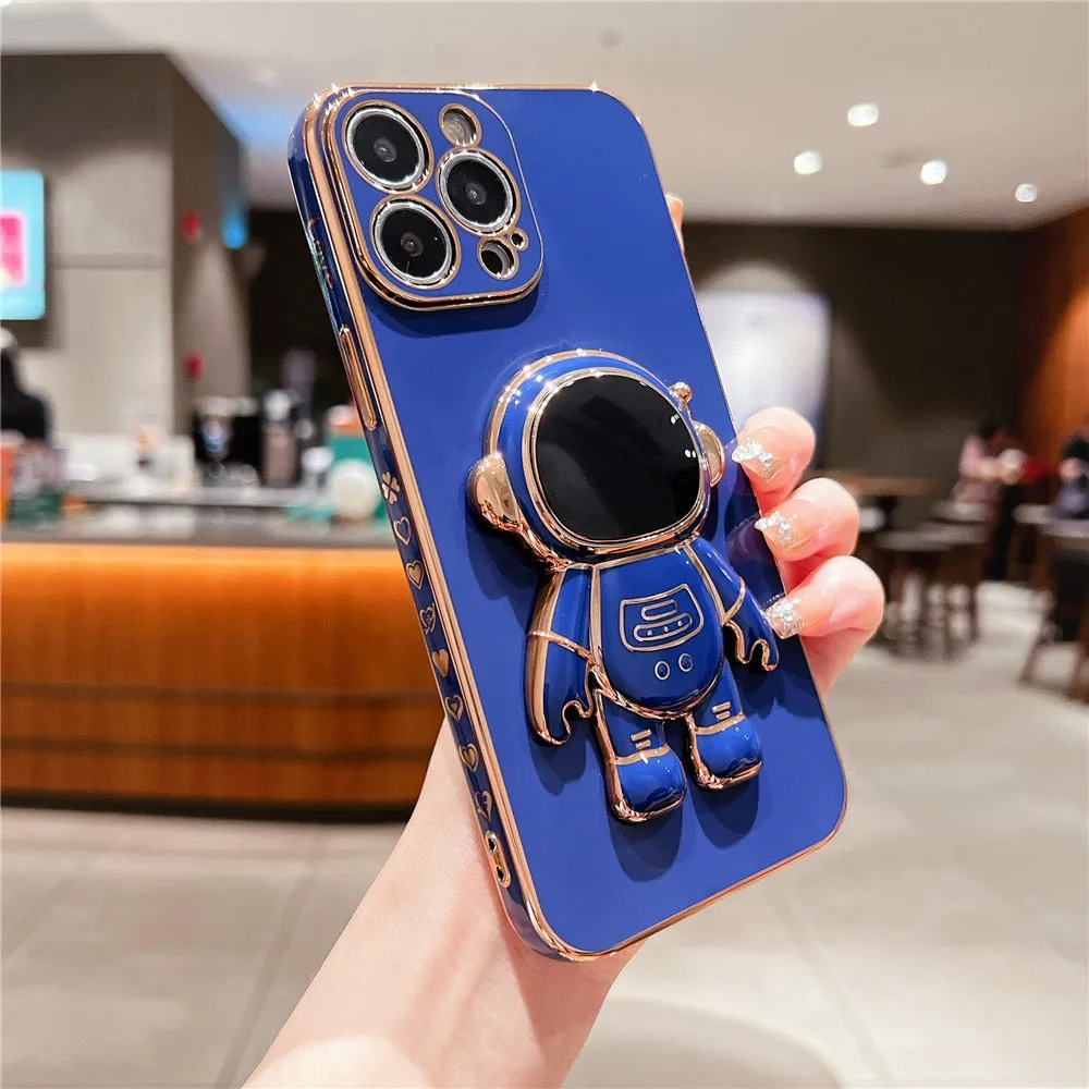 Anymob iPhone Case Blue Plating Astronaut Stand Holder Lens Protection Heart Pattern Cover
