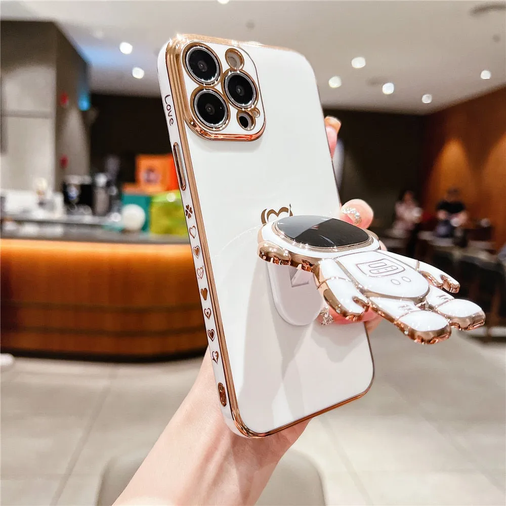 Anymob iPhone Case Blue Plating Astronaut Stand Holder Lens Protection Heart Pattern Cover