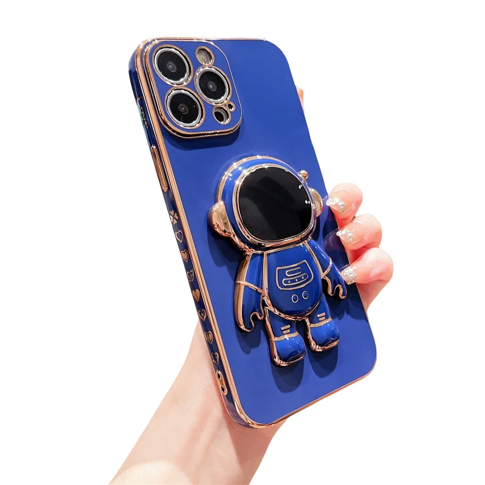 Anymob iPhone Case Blue Plating Astronaut Stand Holder Lens Protection Heart Pattern Cover