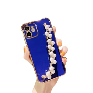 Anymob iPhone Case Blue Plating Pearl Chain Wrist Band Soft Silicone Cover
