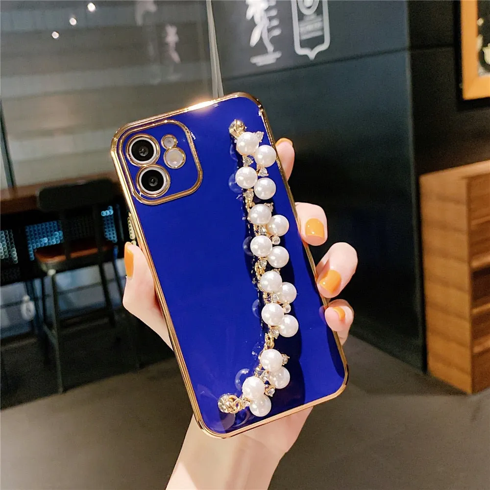Anymob iPhone Case Blue Plating Pearl Chain Wrist Band Soft Silicone Cover