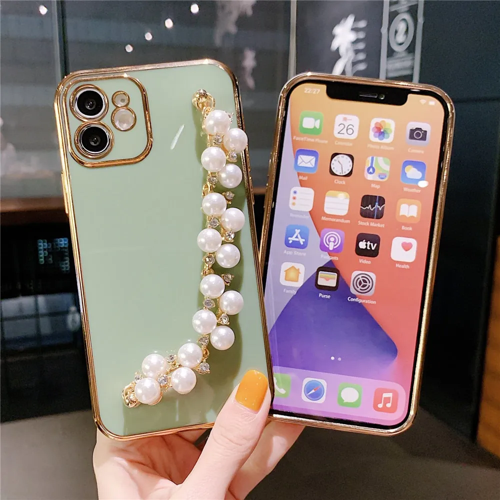 Anymob iPhone Case Blue Plating Pearl Chain Wrist Band Soft Silicone Cover