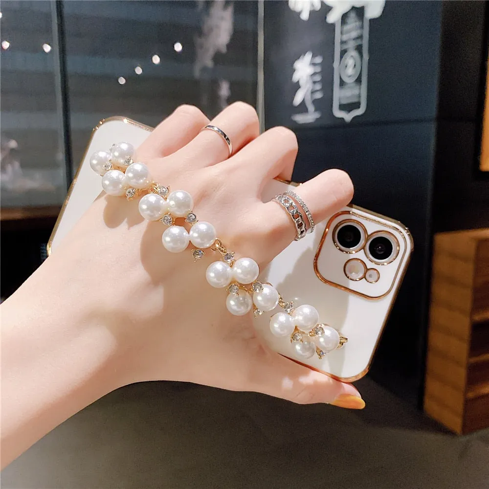 Anymob iPhone Case Blue Plating Pearl Chain Wrist Band Soft Silicone Cover