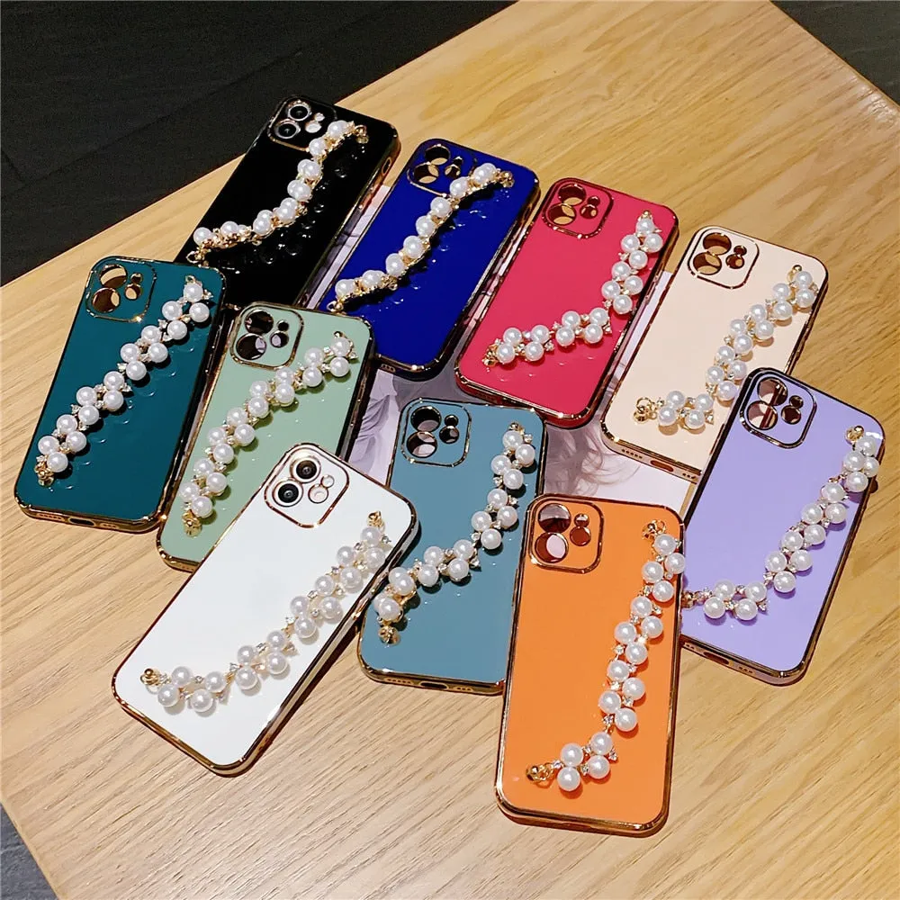 Anymob iPhone Case Blue Plating Pearl Chain Wrist Band Soft Silicone Cover