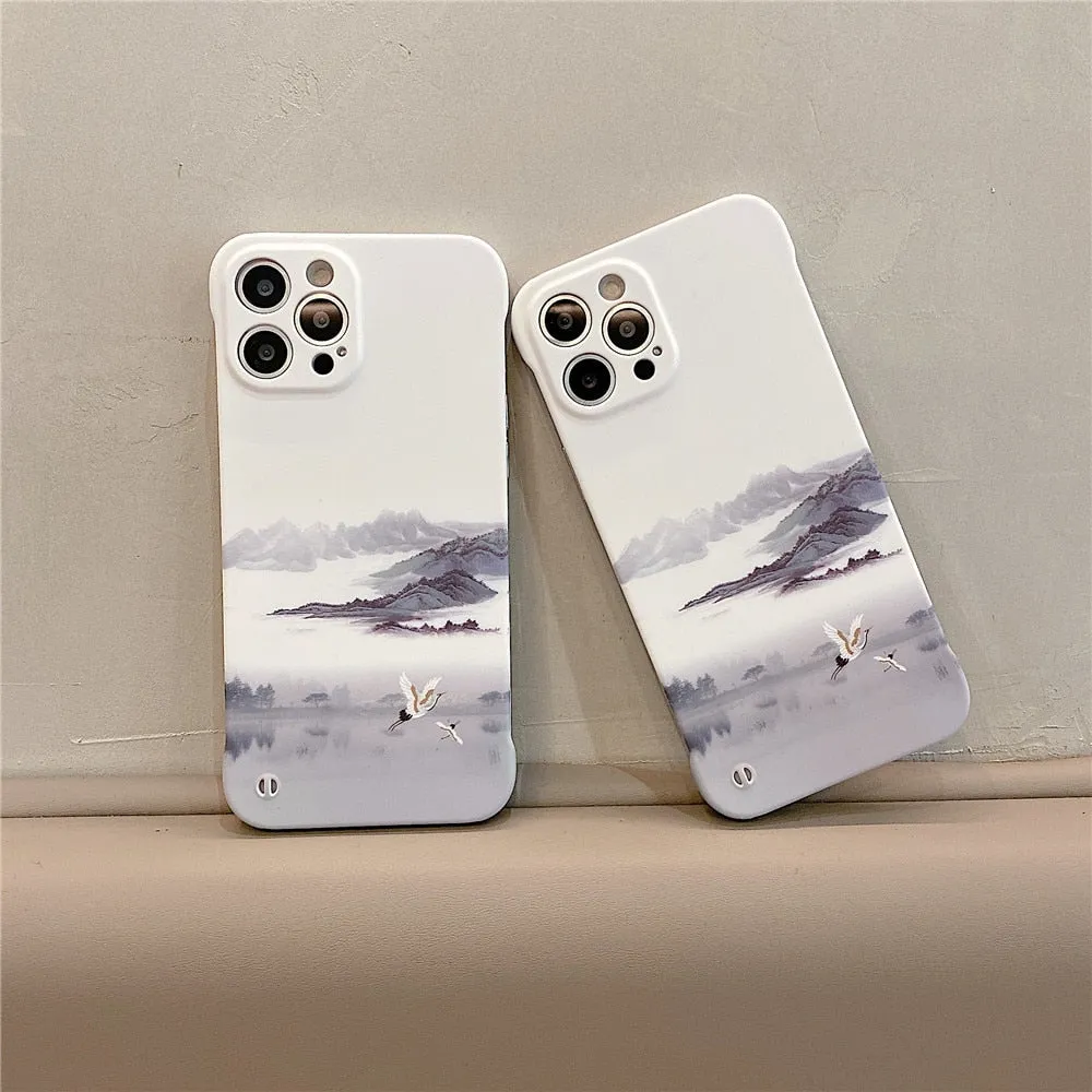 Anymob iPhone Case Brown and White Ink Painting Mountain Peak Liquid Texture Plastic Cover Rimless