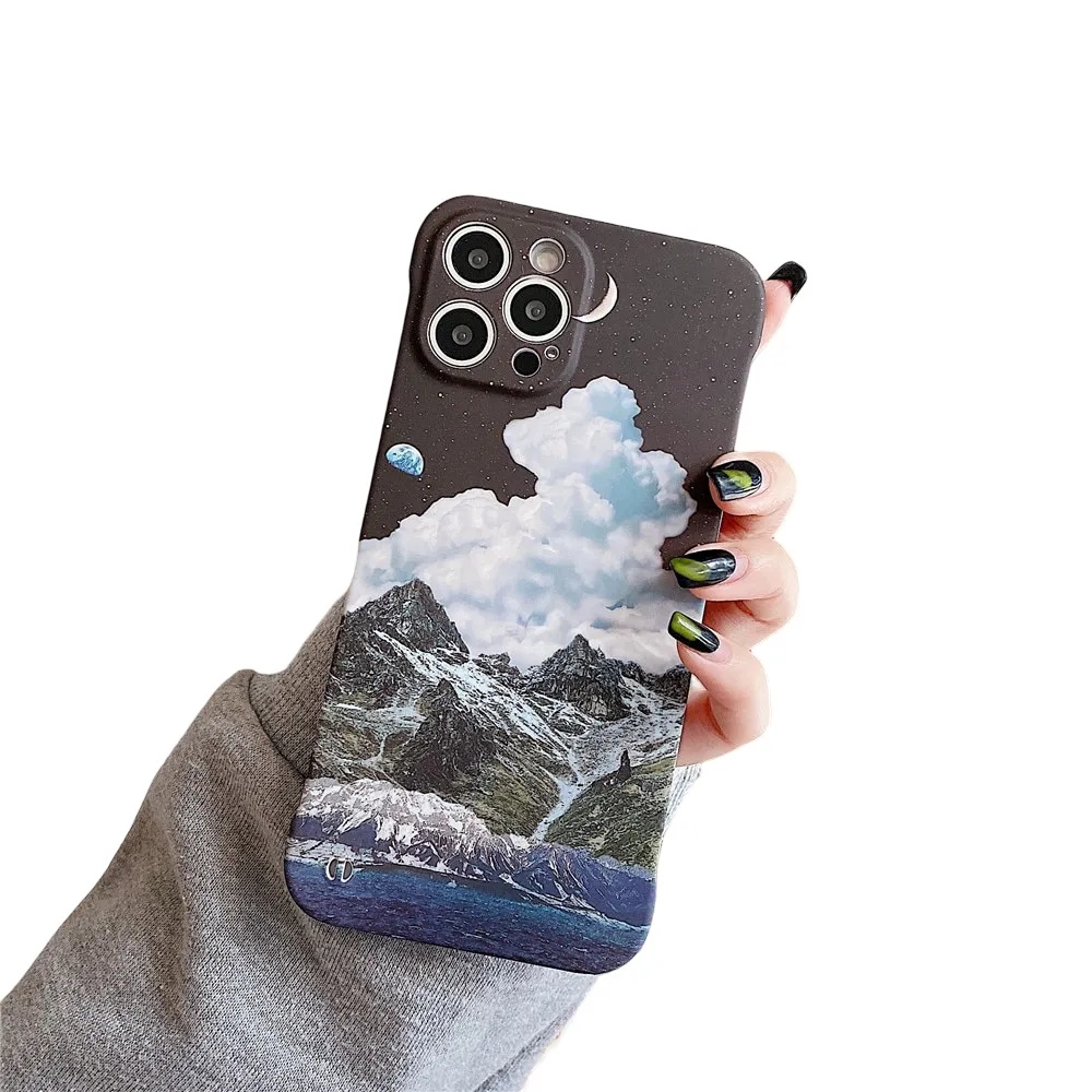 Anymob iPhone Case Brown and White Ink Painting Mountain Peak Liquid Texture Plastic Cover Rimless