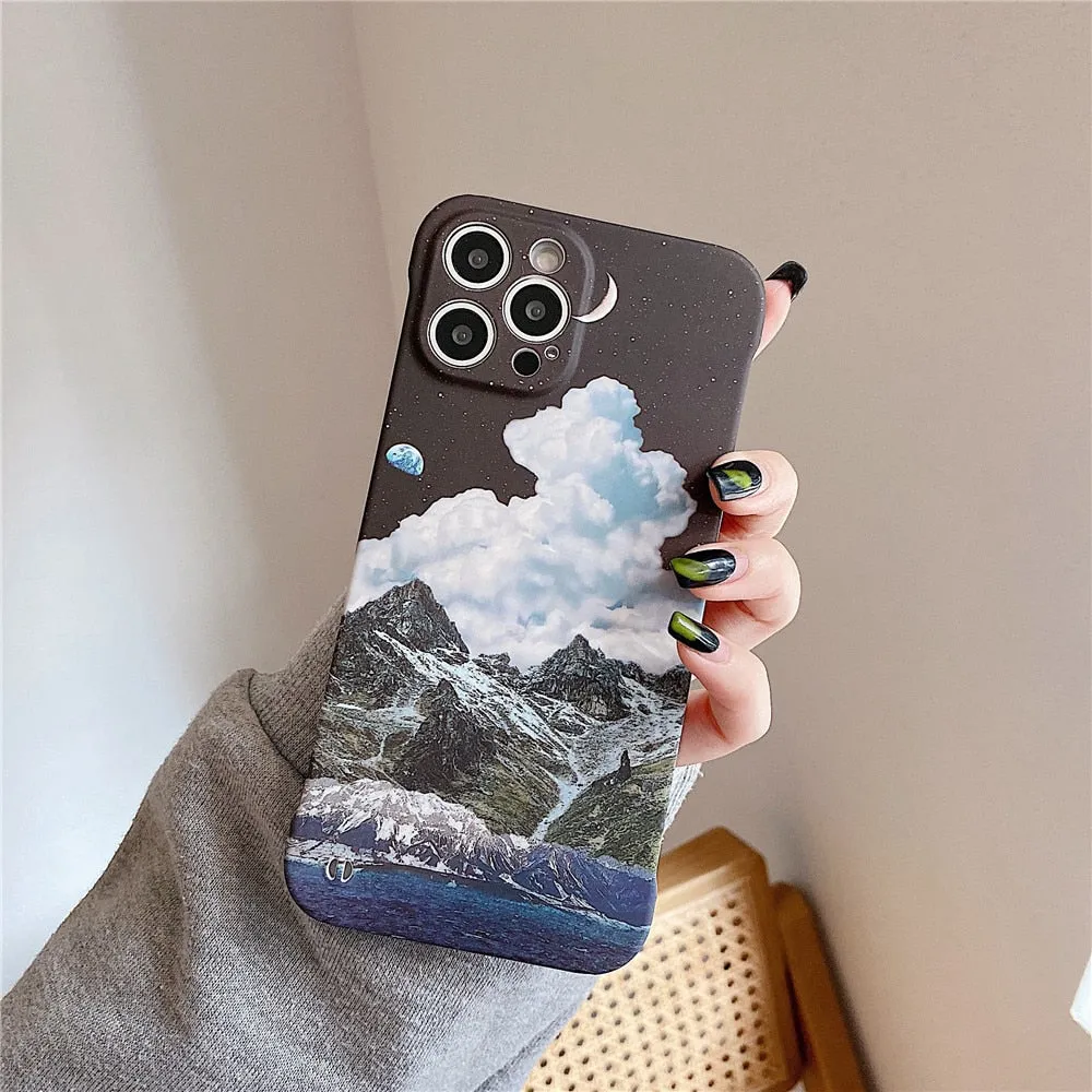 Anymob iPhone Case Brown and White Ink Painting Mountain Peak Liquid Texture Plastic Cover Rimless