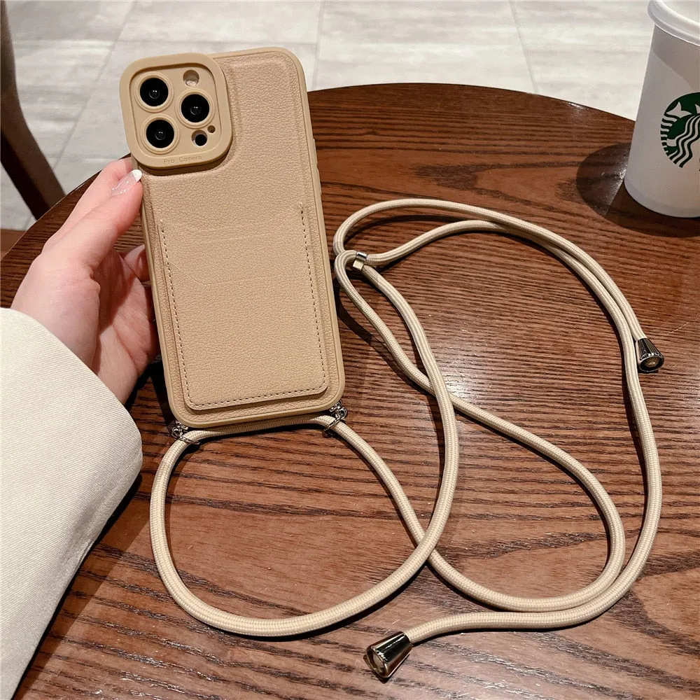Anymob iPhone Case Brown Crossbody Necklace Strap Lanyard Cord Card Holder Silicone Cover
