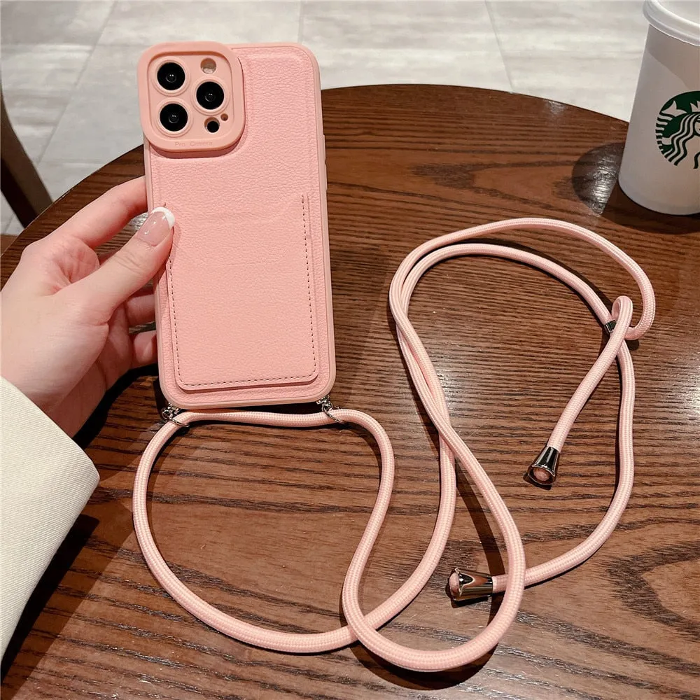 Anymob iPhone Case Brown Crossbody Necklace Strap Lanyard Cord Card Holder Silicone Cover