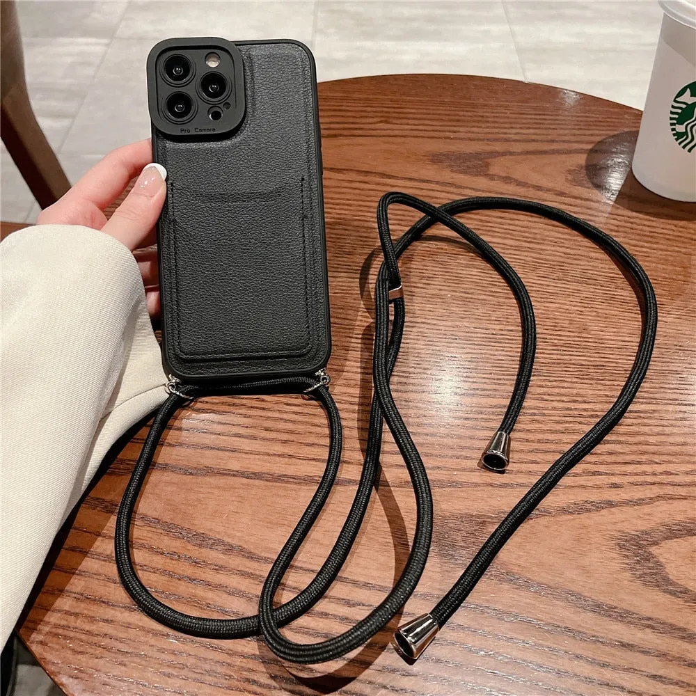 Anymob iPhone Case Brown Crossbody Necklace Strap Lanyard Cord Card Holder Silicone Cover
