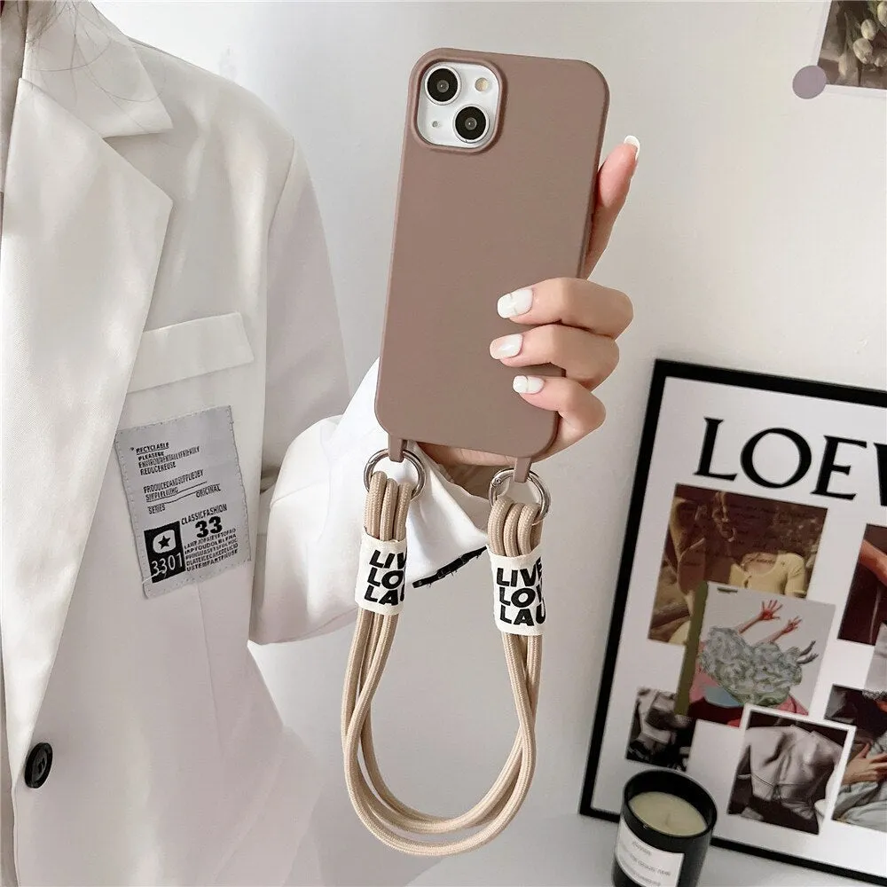 Anymob iPhone Case Brown Lanyard Strap Soft Silicon Wristband Rope Matte Cover