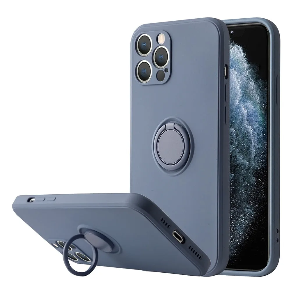 Anymob iPhone Case Dark Blue Soft Liquid Silicon Ring Holder Shockproof Candy Back Cover