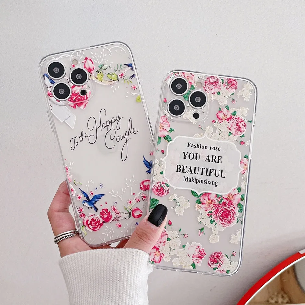 Anymob iPhone Case Fashion Rose Flower Leaf Clear Soft TPU Bumper Shockproof Phone Cover