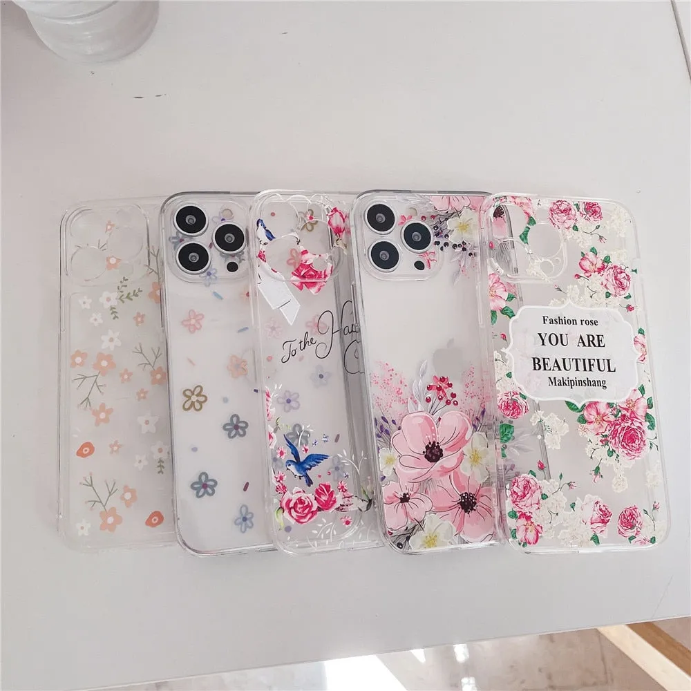 Anymob iPhone Case Fashion Rose Flower Leaf Clear Soft TPU Bumper Shockproof Phone Cover