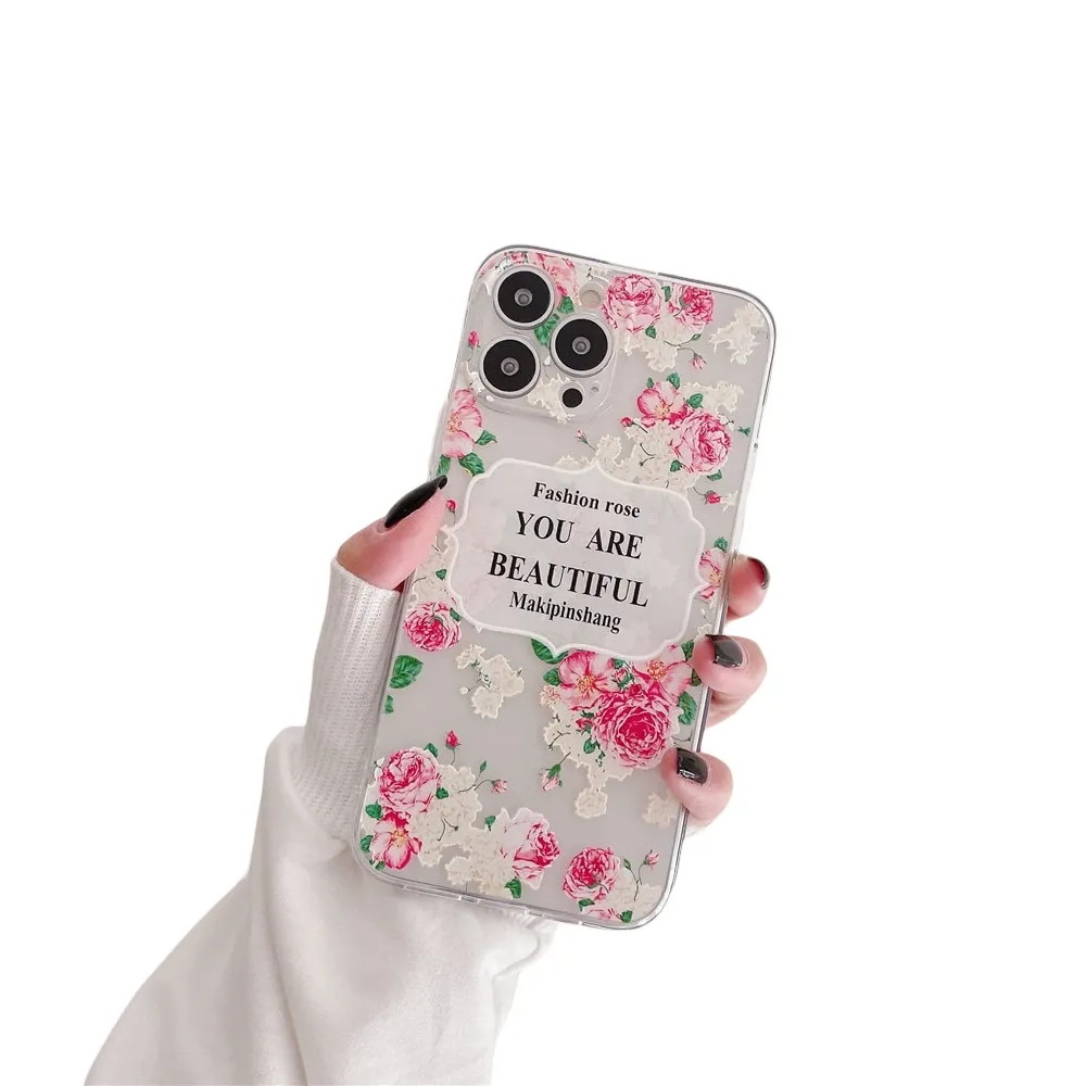 Anymob iPhone Case Fashion Rose Flower Leaf Clear Soft TPU Bumper Shockproof Phone Cover