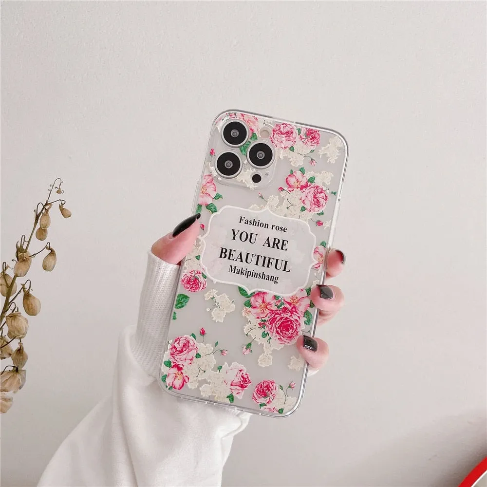 Anymob iPhone Case Fashion Rose Flower Leaf Clear Soft TPU Bumper Shockproof Phone Cover