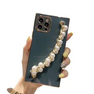 Anymob iPhone Case Gray Pearl Diamond Bracelet Square Plating Soft Chain Back Cover
