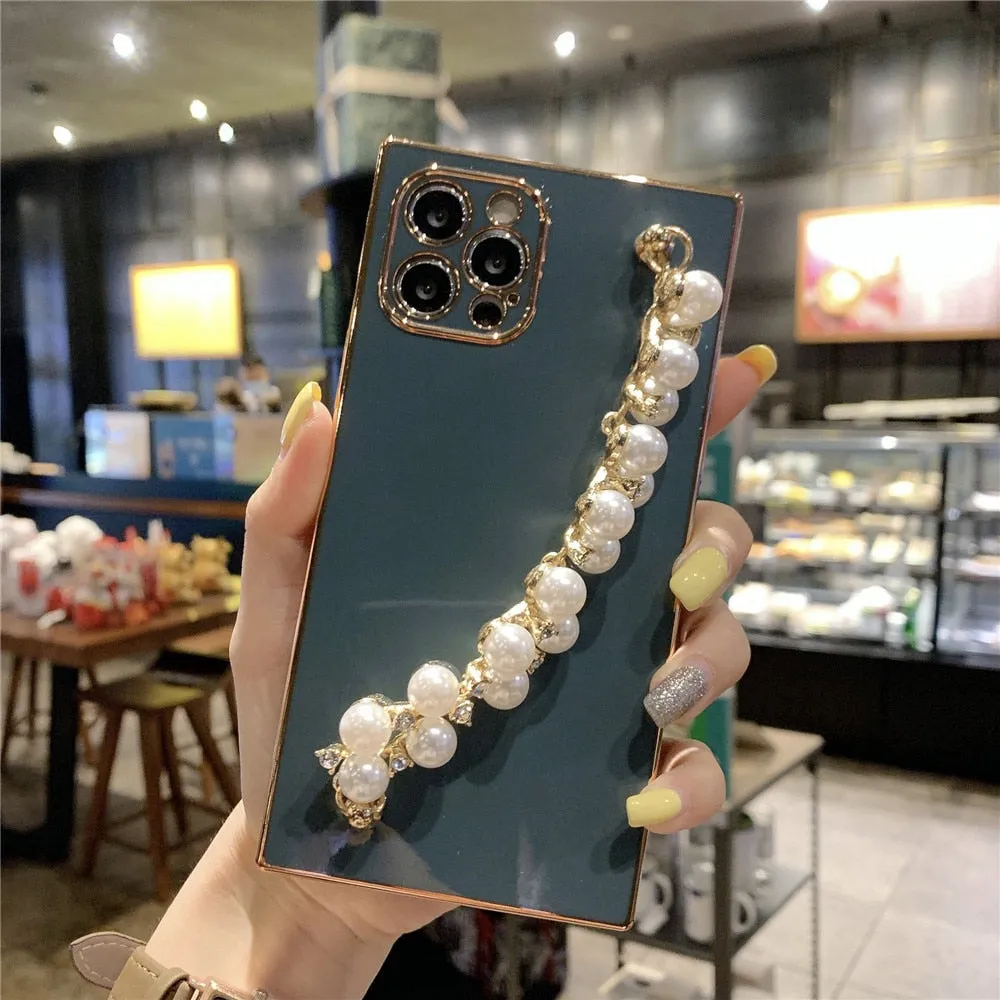 Anymob iPhone Case Gray Pearl Diamond Bracelet Square Plating Soft Chain Back Cover