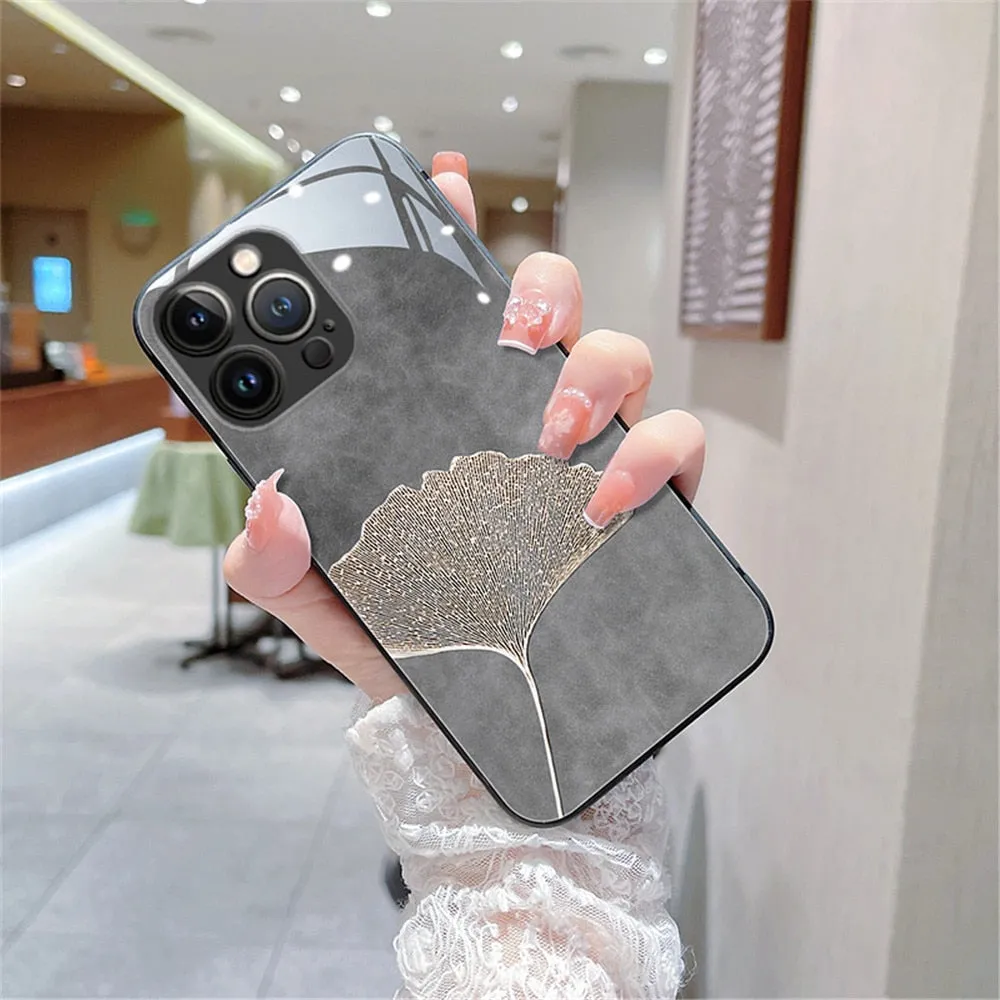 Anymob iPhone Case Gray Vintage Leaves Tempered Glass Silicon Back Cover