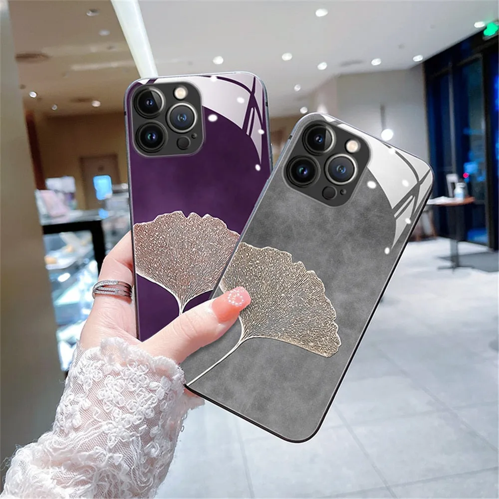 Anymob iPhone Case Gray Vintage Leaves Tempered Glass Silicon Back Cover