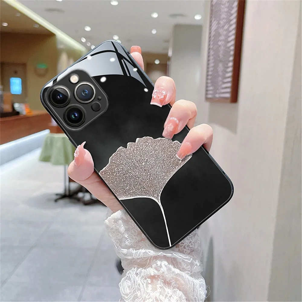 Anymob iPhone Case Gray Vintage Leaves Tempered Glass Silicon Back Cover