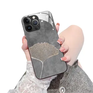 Anymob iPhone Case Gray Vintage Leaves Tempered Glass Silicon Back Cover