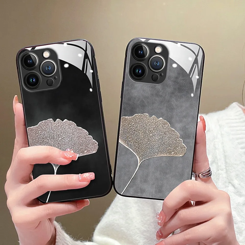 Anymob iPhone Case Gray Vintage Leaves Tempered Glass Silicon Back Cover