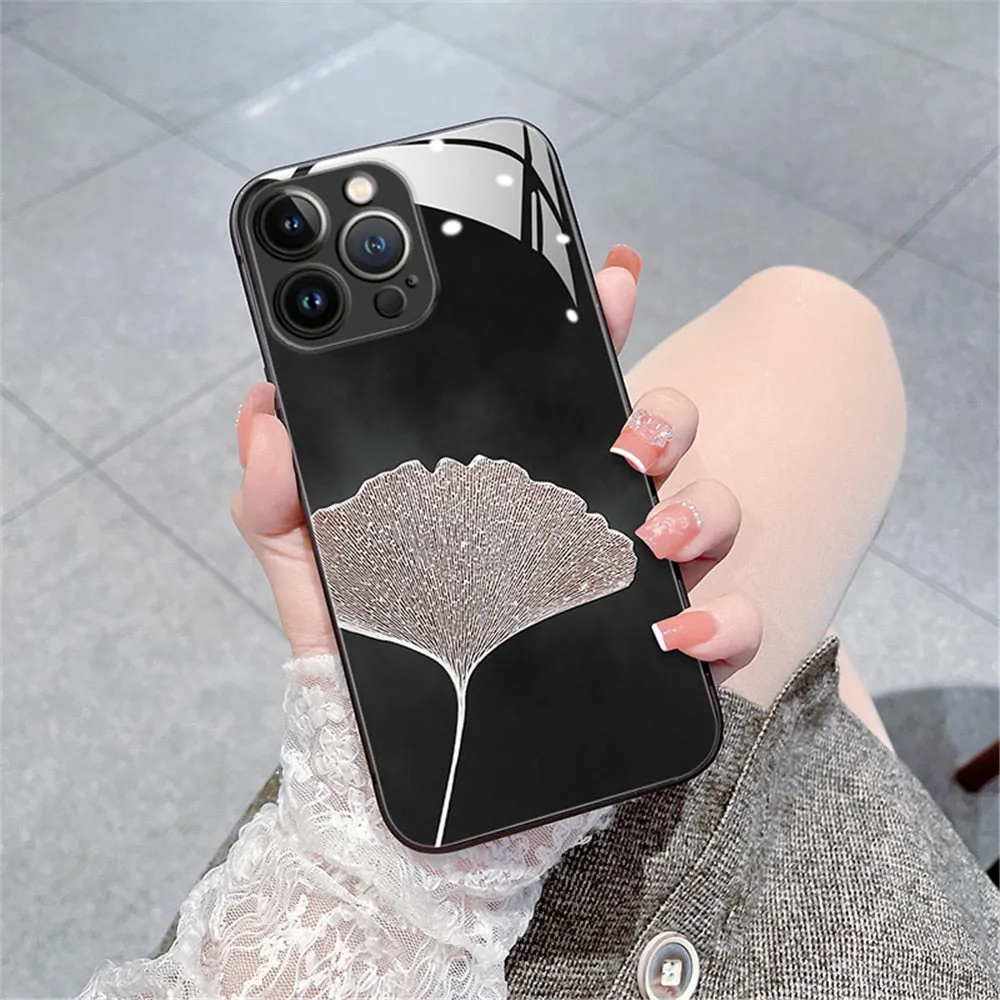 Anymob iPhone Case Gray Vintage Leaves Tempered Glass Silicon Back Cover