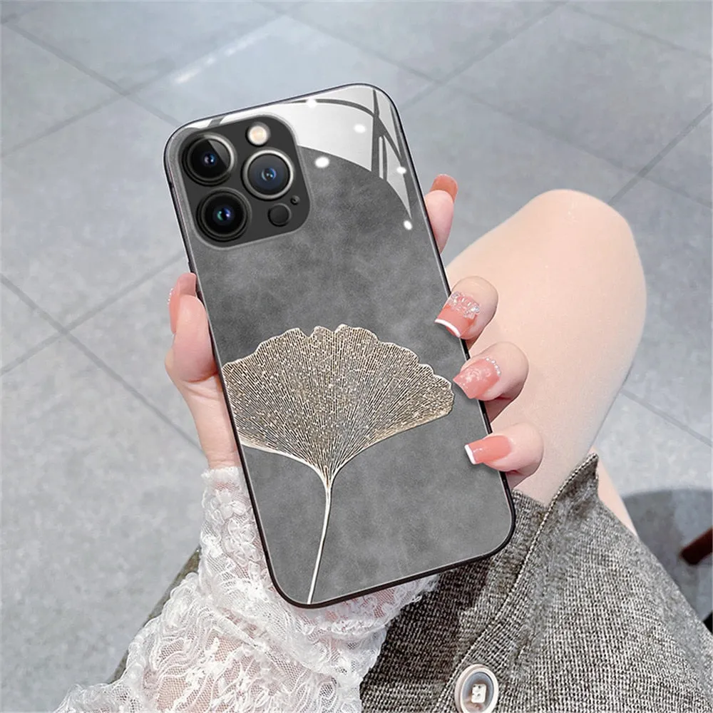 Anymob iPhone Case Gray Vintage Leaves Tempered Glass Silicon Back Cover