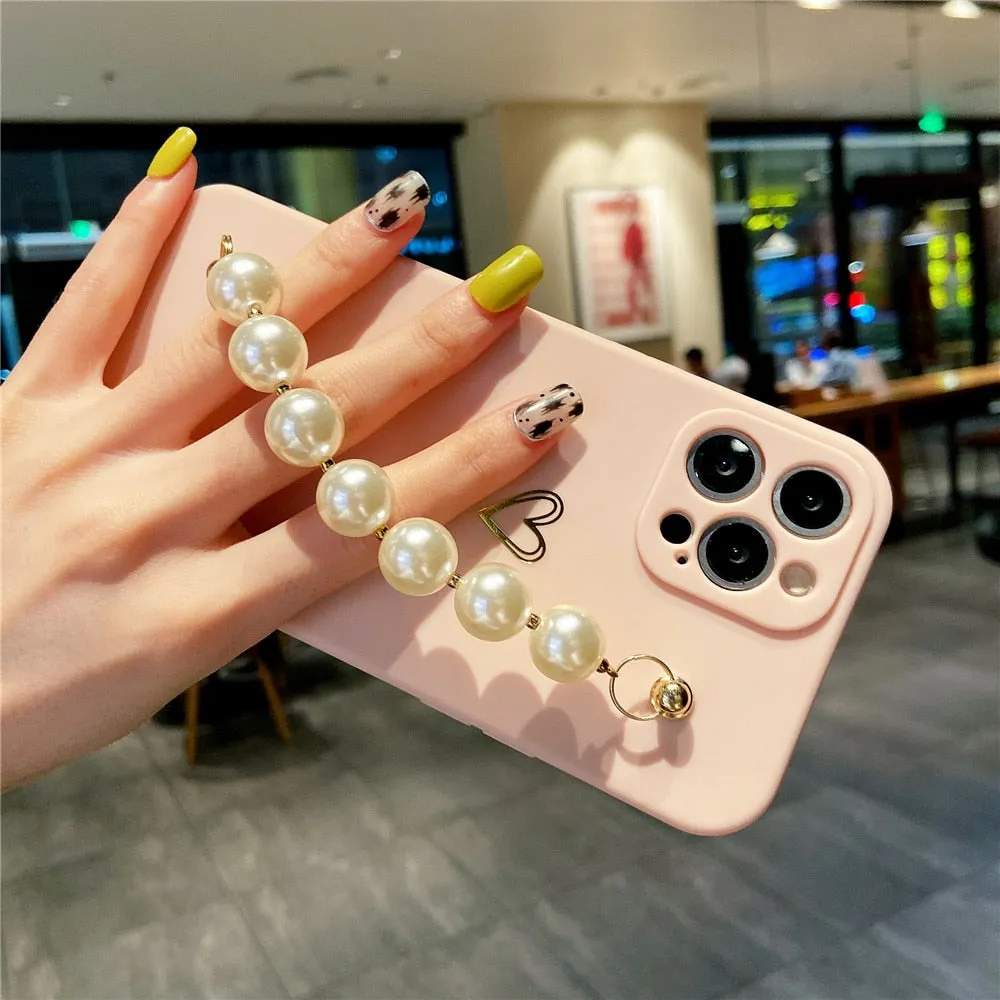 Anymob iPhone Case Khaki Soft Pearl Bracelet Love Heart Silicone Bumper Cover