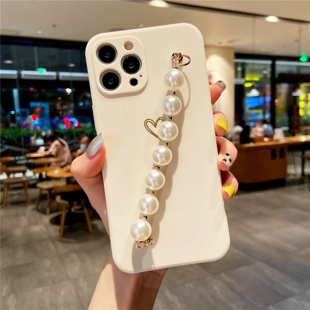 Anymob iPhone Case Khaki Soft Pearl Bracelet Love Heart Silicone Bumper Cover