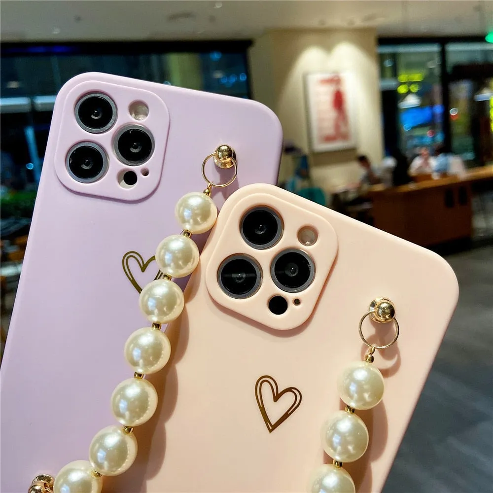 Anymob iPhone Case Khaki Soft Pearl Bracelet Love Heart Silicone Bumper Cover