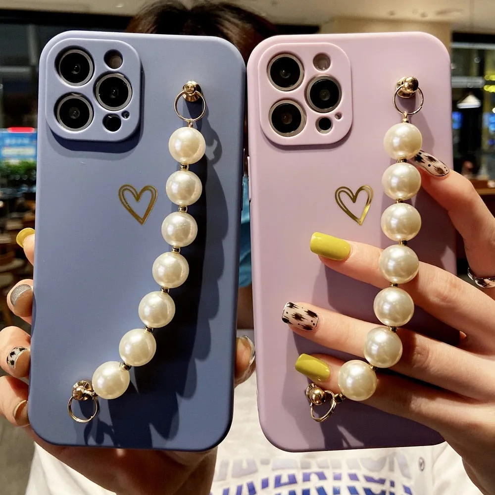 Anymob iPhone Case Khaki Soft Pearl Bracelet Love Heart Silicone Bumper Cover