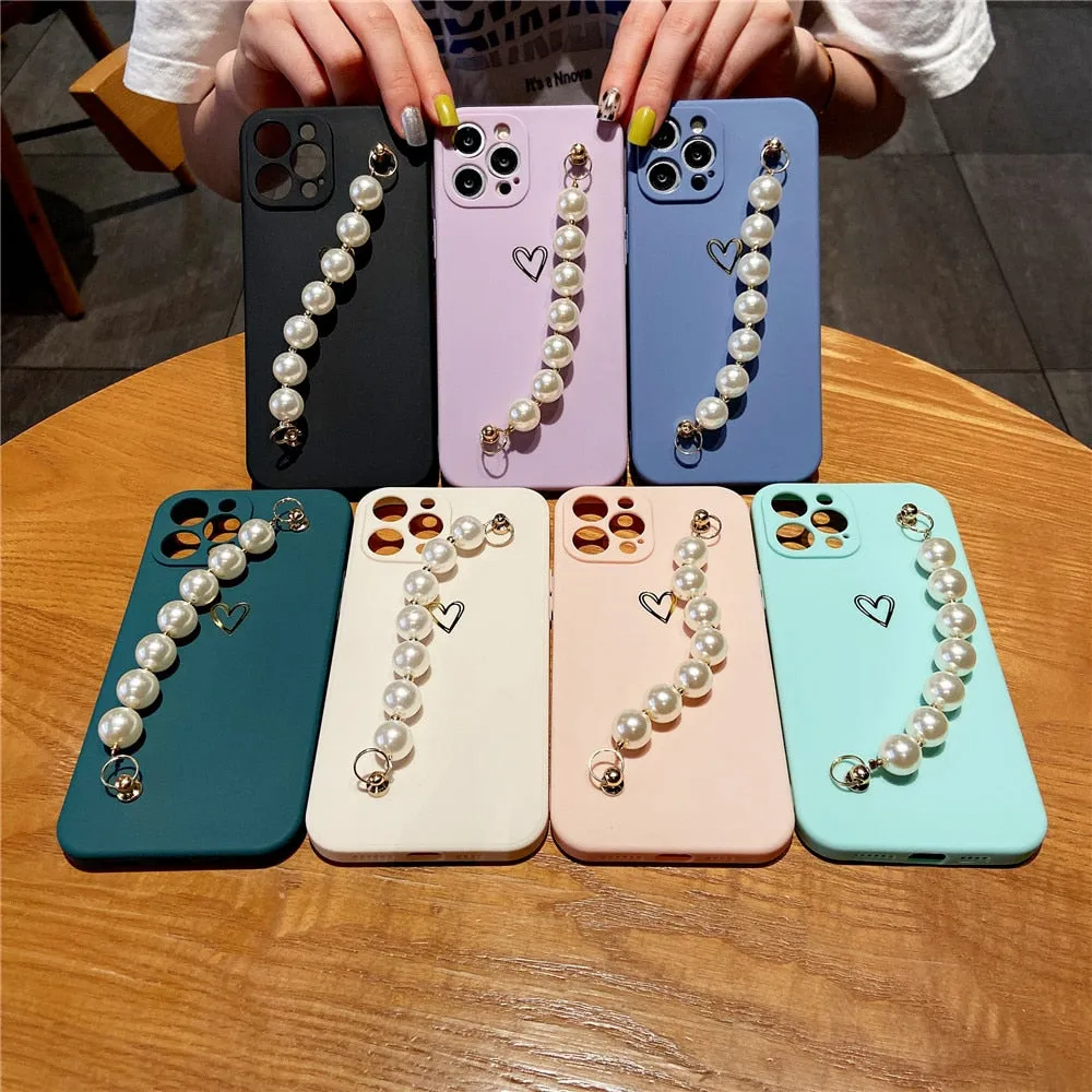 Anymob iPhone Case Khaki Soft Pearl Bracelet Love Heart Silicone Bumper Cover
