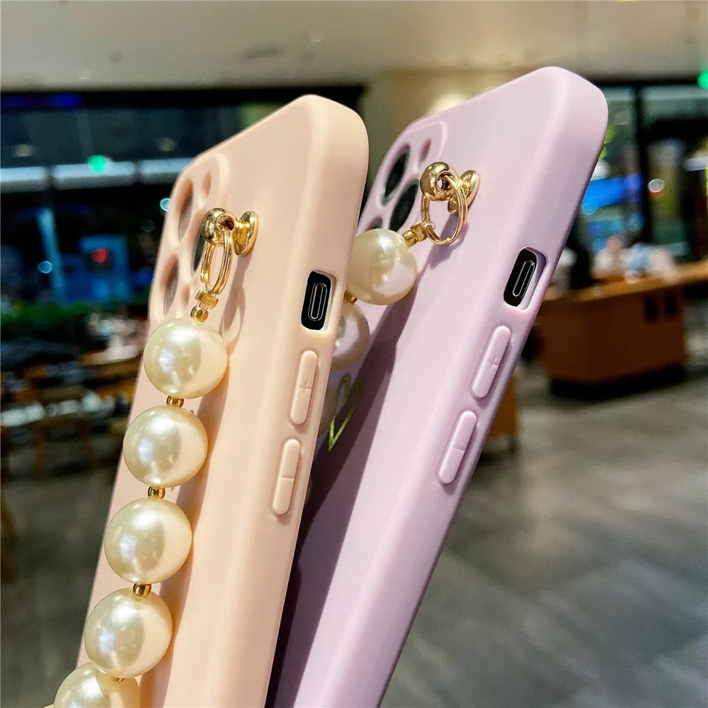 Anymob iPhone Case Khaki Soft Pearl Bracelet Love Heart Silicone Bumper Cover