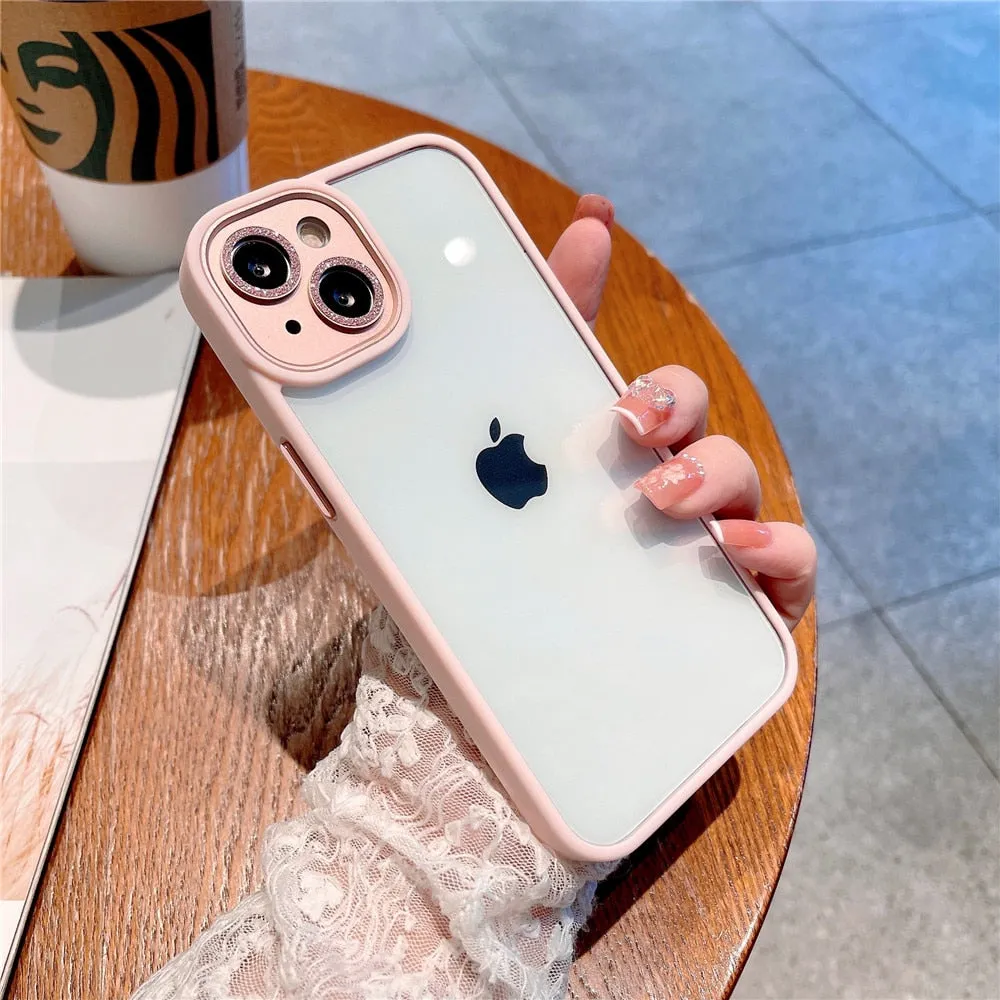 Anymob iPhone Case Light Pink Metal Glitter Camera Protection Clear Shockproof Acrylic Bumper