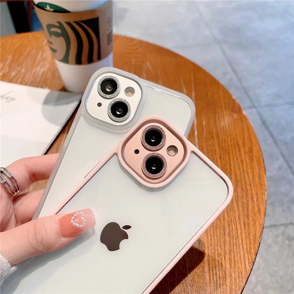 Anymob iPhone Case Light Pink Metal Glitter Camera Protection Clear Shockproof Acrylic Bumper