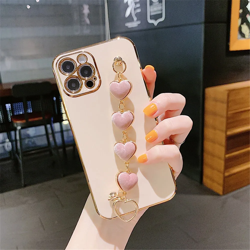 Anymob iPhone Case Light Pink Soft Plating Cover Love Heart Plush Bracelet