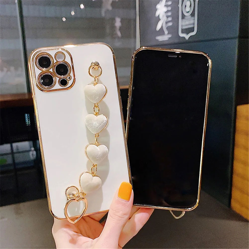 Anymob iPhone Case Light Pink Soft Plating Cover Love Heart Plush Bracelet