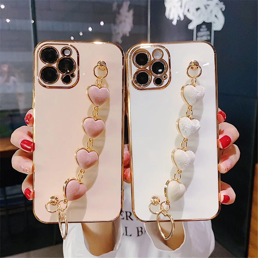 Anymob iPhone Case Light Pink Soft Plating Cover Love Heart Plush Bracelet