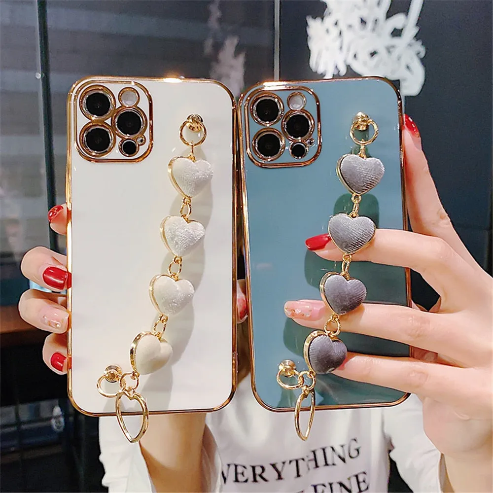 Anymob iPhone Case Light Pink Soft Plating Cover Love Heart Plush Bracelet