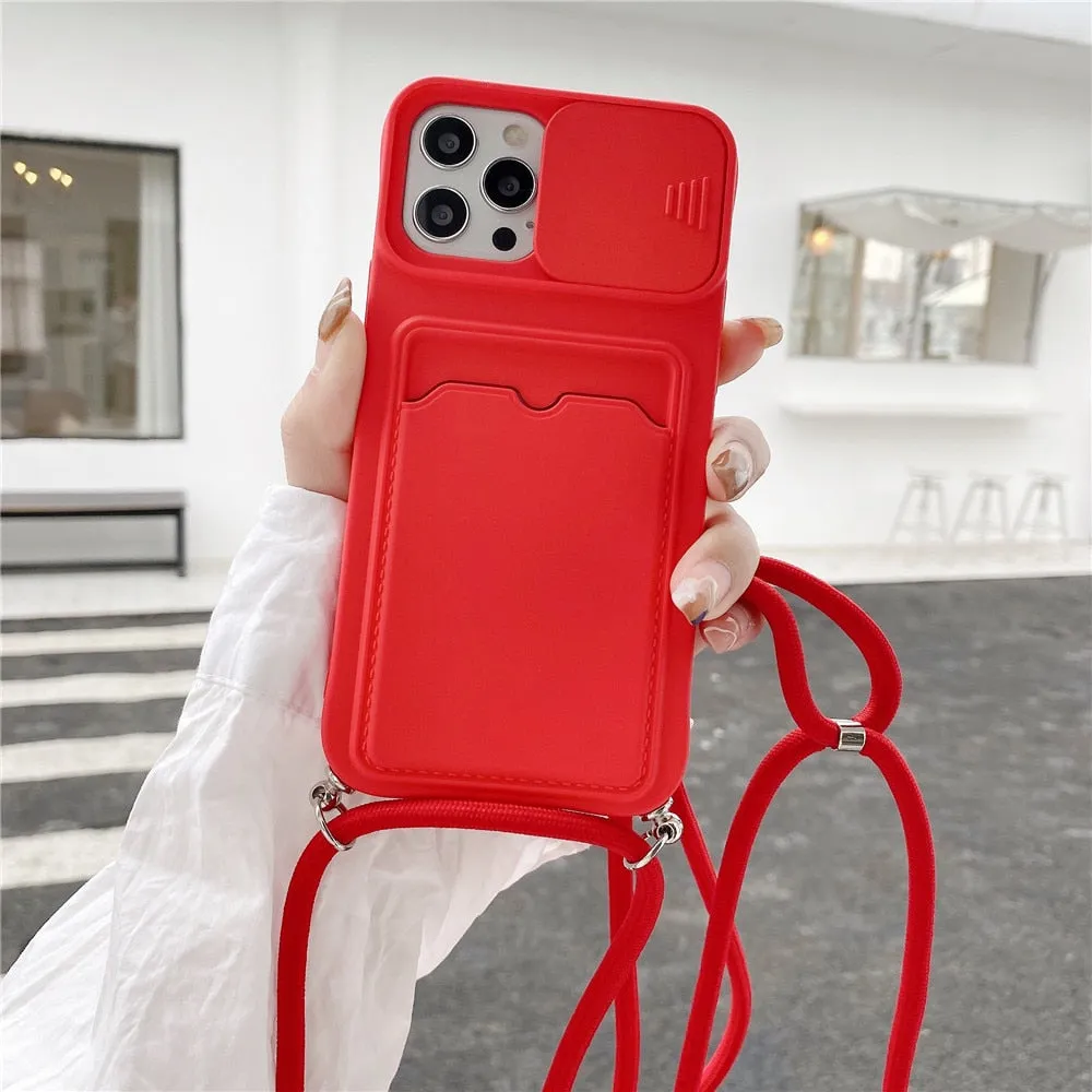 Anymob iPhone Case Mint Green Crossbody Camera Lens Protect Wallet Card Necklace Lanyard Cover