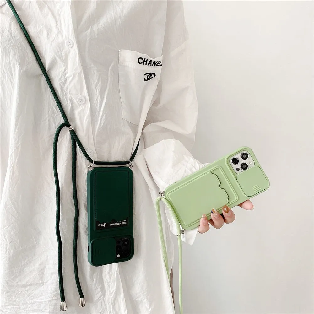 Anymob iPhone Case Mint Green Crossbody Camera Lens Protect Wallet Card Necklace Lanyard Cover