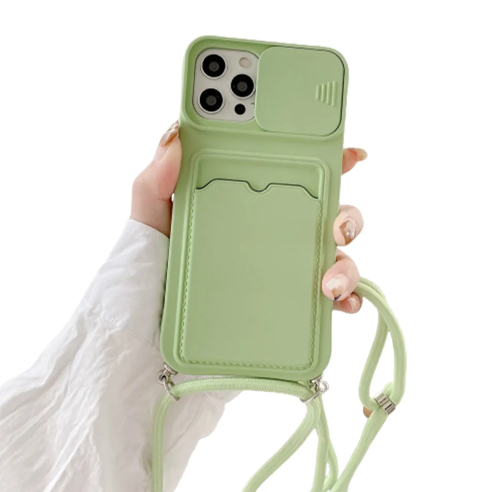 Anymob iPhone Case Mint Green Crossbody Camera Lens Protect Wallet Card Necklace Lanyard Cover