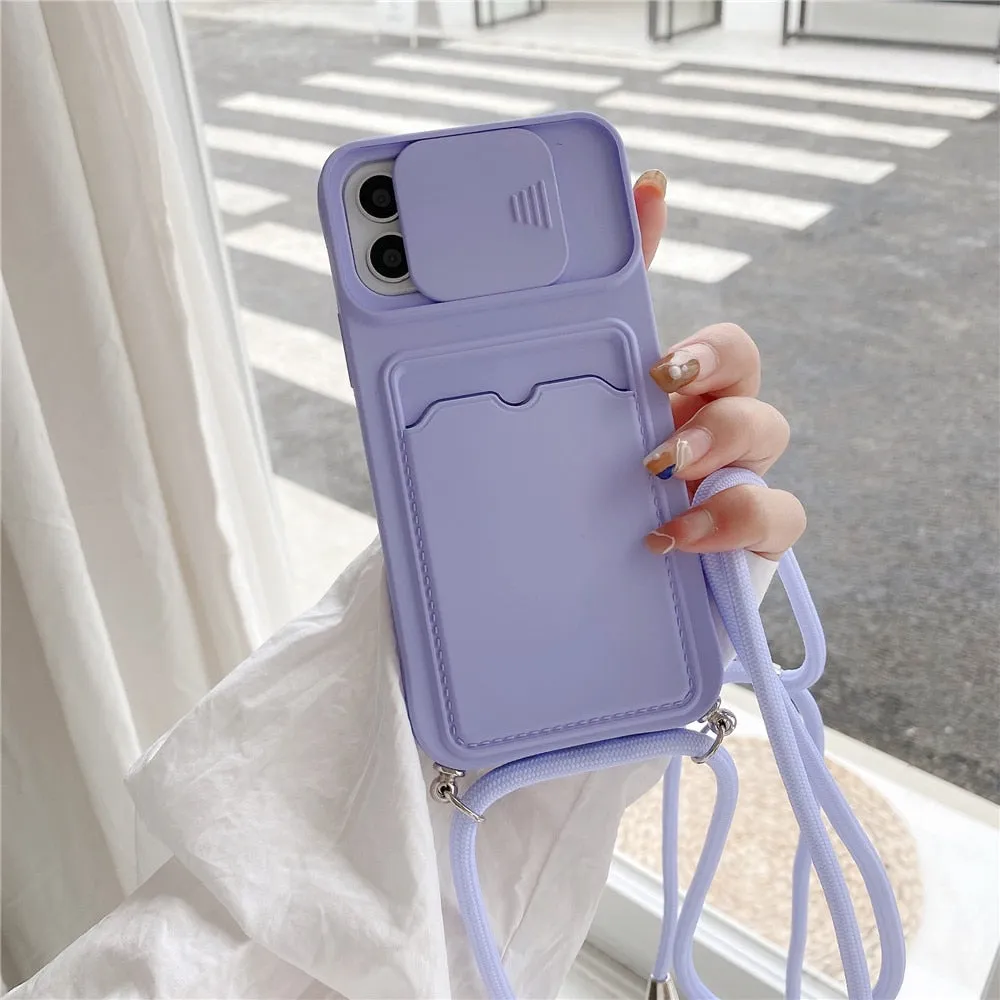 Anymob iPhone Case Mint Green Crossbody Camera Lens Protect Wallet Card Necklace Lanyard Cover