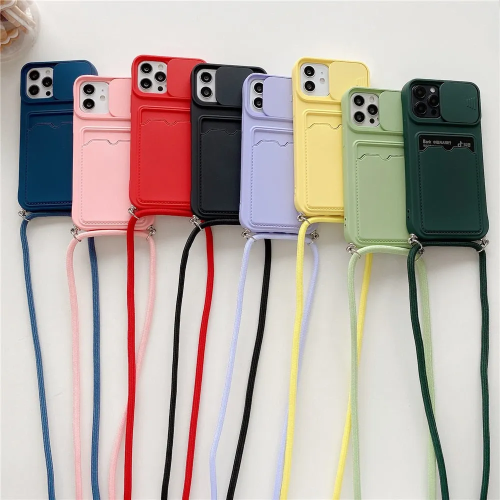 Anymob iPhone Case Mint Green Crossbody Camera Lens Protect Wallet Card Necklace Lanyard Cover