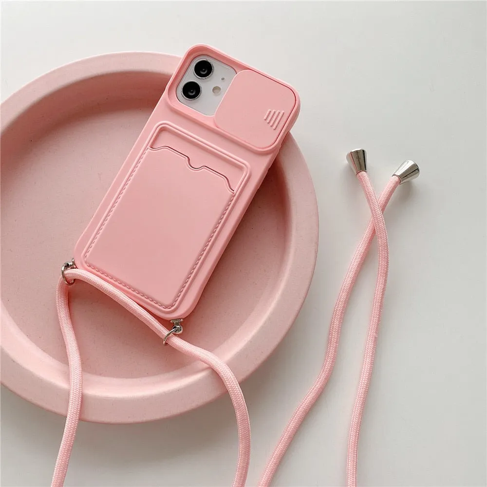 Anymob iPhone Case Mint Green Crossbody Camera Lens Protect Wallet Card Necklace Lanyard Cover