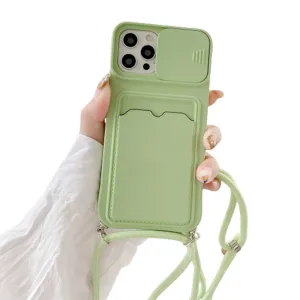 Anymob iPhone Case Mint Green Crossbody Camera Lens Protect Wallet Card Necklace Lanyard Cover