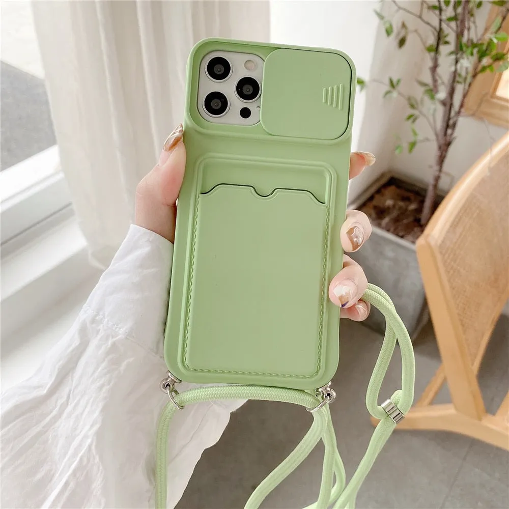 Anymob iPhone Case Mint Green Crossbody Camera Lens Protect Wallet Card Necklace Lanyard Cover
